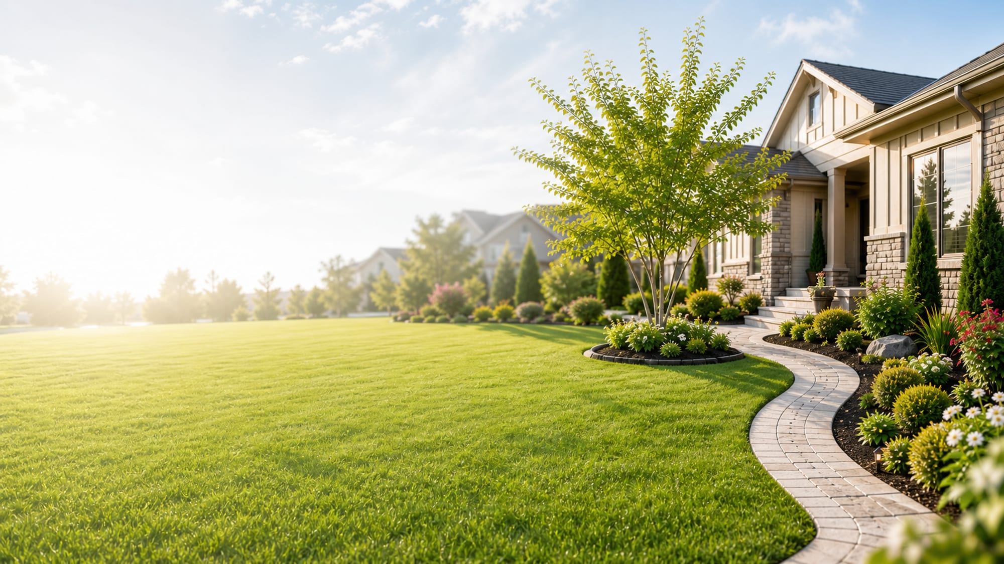 A manicured green front lawn and garden beds at a home maintained by Cordova Landscaping