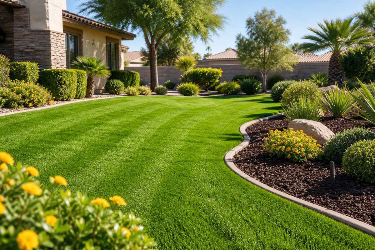 A freshly mowed, striped lawn by Cordova Landscaping